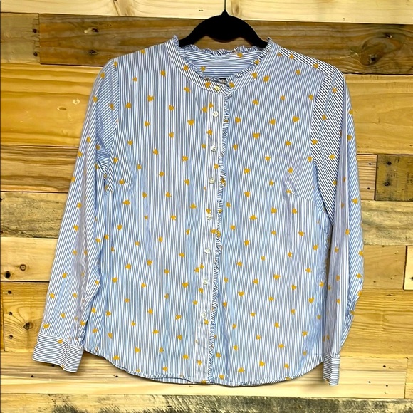 Talbots size MP Blue and White Stripe with Gold Hearts Ruffled Button Down Shirt - Picture 1 of 7
